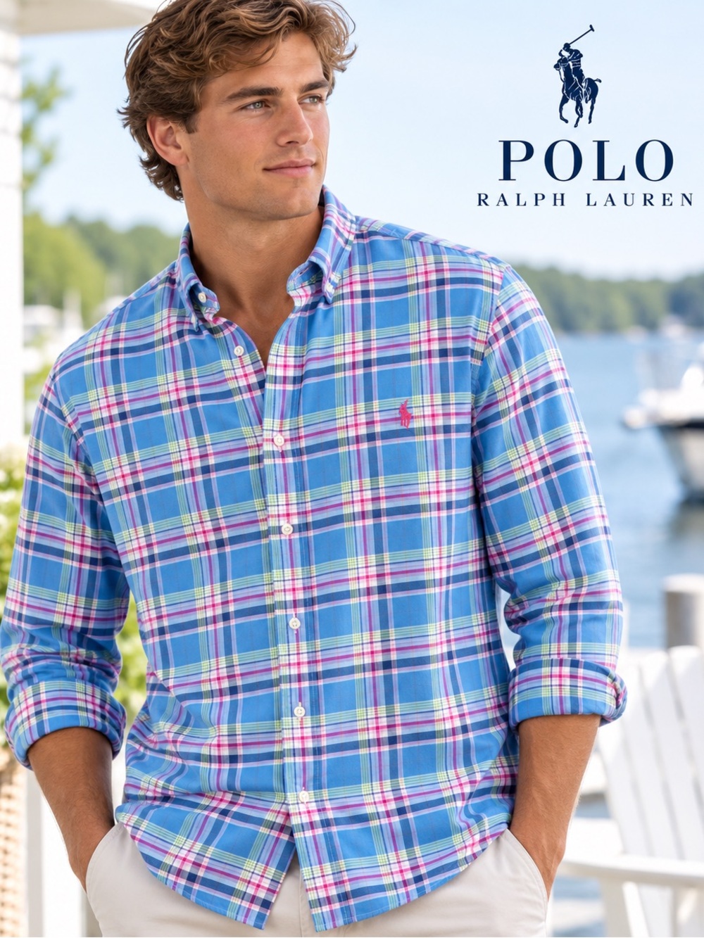 Polo Ralph Lauren Men’s Large Classic Fit Blue Pink Green Plaid Button Down Shir